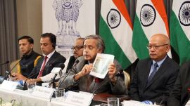 an all-party delegation including Congress leader Shashi Tharoor, Shiv Sena leader Milind Deora and others during an interaction with the Colombian journalists and media personalities from leading media houses, in Bogota, Colombia. (@IndiaEmbBogota on X