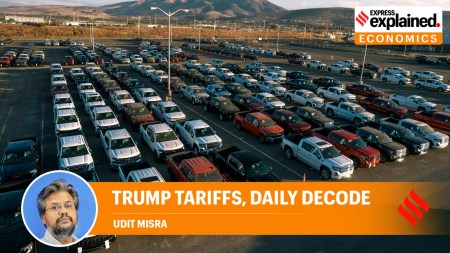 tariffs: Chevy and GMC pickup trucks at the General Motors facility in Silao, Mexico.
