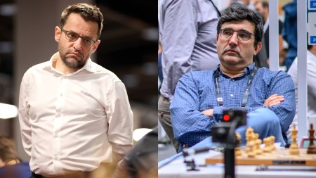 L-R: Armenian-American GM Levon Aronian and 14th World Chess Champion, Russia's Vladimir Kramnik. (Rafal Oleksiewicz via FIDE and Michal Walusza via FIDE)