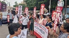 Protest in Kolkata over the alleged gangrape at a law college. Express photo by Partha Paul