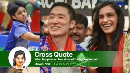 L-R: Indian shuttler Tanvi Sharma in action and PV Sindhu with coach Park Tae-sang. (Express Photo by Kamleshwar Singh/PTI)