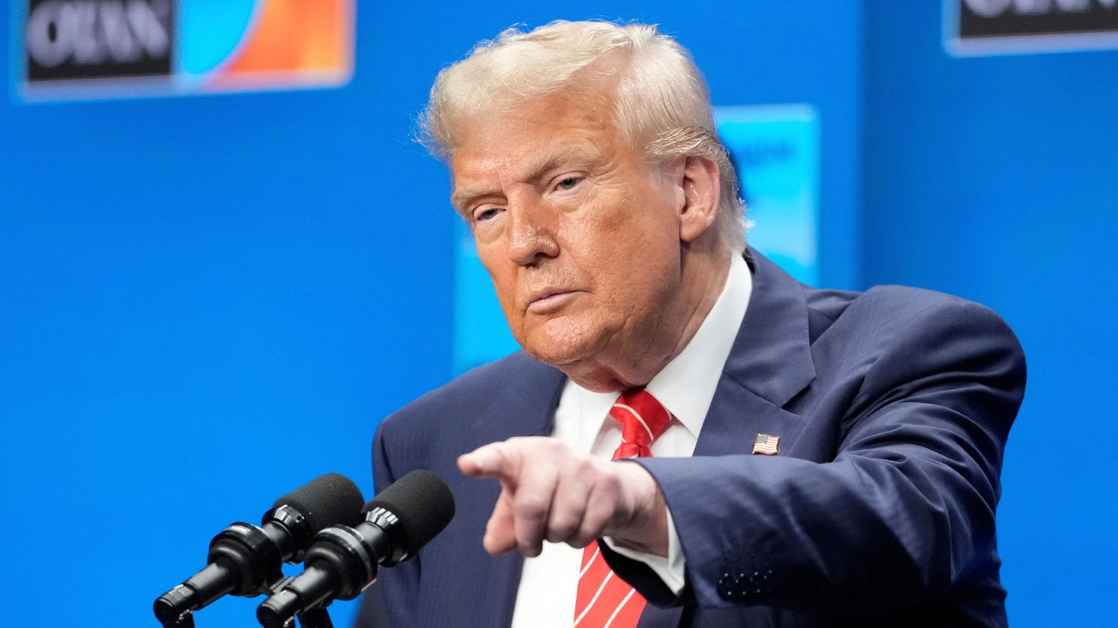 President Donald Trump gestures during a press conference after the plenary session at the NATO summit in The Hague, Netherlands, Wednesday, June 25, 2025. (AP Photo/Markus Schreiber)