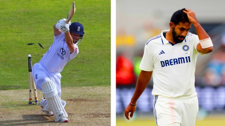 England's Ben Duckett (LEFT) is bowled out by India's Jasprit Bumrah at Headingley in Leeds, England on Saturday. (AP Photo)