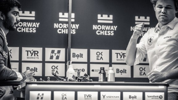Magnus Carlsen smashes his fist on the table after losing to world chess champion Gukesh at Norway Chess. (PHOTO: Norway Chess via Michal Walusza)