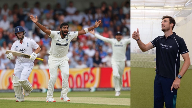  Indian pacer Jasprit Bumrah in action during first ENG vs IND 1st Test and Steven Finn. (AP & X)