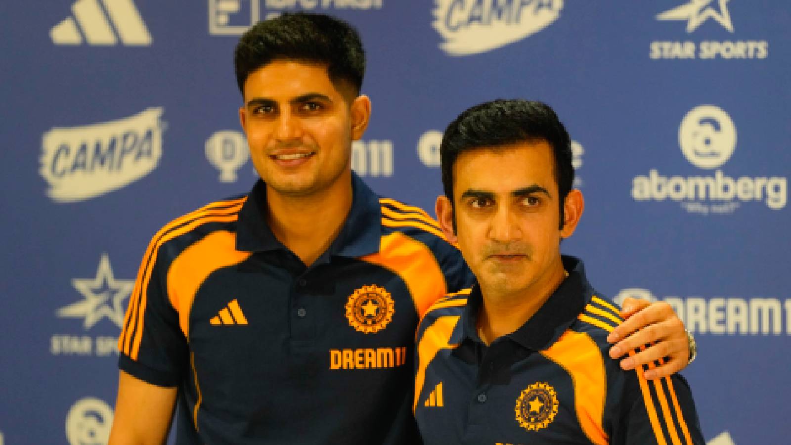 Indian cricket test team captain Shubman Gill , left , and head coach Gautam Gambhir poses for picture after addressing a pre-departure press conference ahead of India tour to England at the Board of Control for Cricket headquarters in Mumbai, Thursday, June 5, 2025. (AP Photo/Rafiq Maqbool)