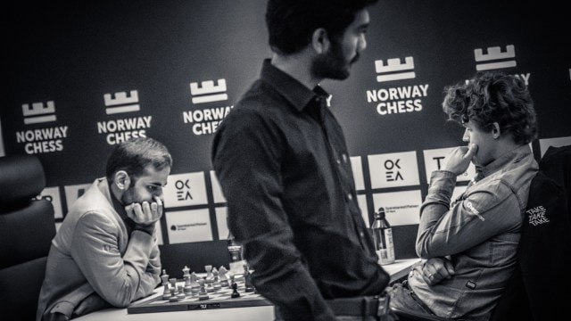 Arjun Erigaisi, Gukesh and Magnus Carlsen during the last round of Norway Chess. (Michal Walusza via Norway Chess)