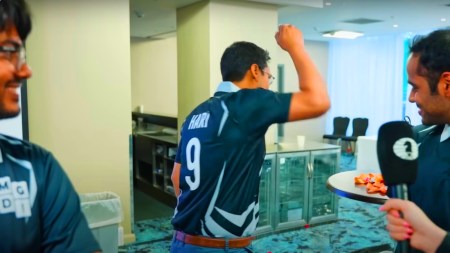 Harikrishna smashes his fist on a table during the FIDE World Rapid and Blitz Team Championships in London. (Screengrab via FIDE YouTube)