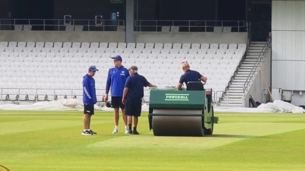 The heavy roller being used on the pitch for the first Test in Headingley. (Special Arrangement)