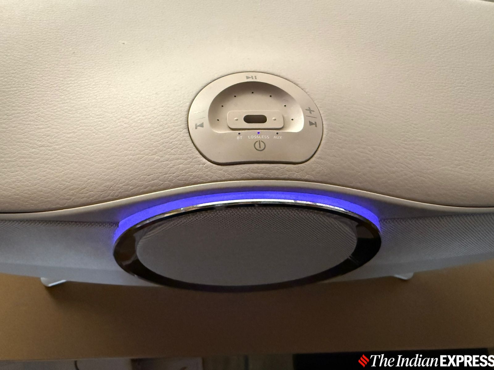The control panel is on top with connectivity options as well as volume controls. I found some aspects of this a bit confusing, like when you have to press the pause button to pair and not the power button.(Image Credit: Nandagopal Rajan/Indian Express)