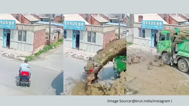 A man was doused in cow manure as the scooter skidded in front of a waste truck. (Image source: @brut.india/Instagram )