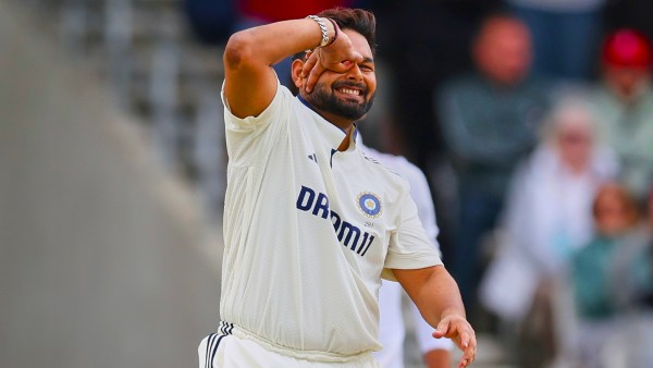 India's Rishabh Pant celebrates after scoring a century on day four of the first cricket test match between England and India at Headingley in Leeds, England, Monday, June 23, 2025. (AP Photo