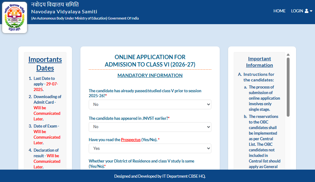 JNVST Class 6 Admission 2026-27: Registration begins at cbseitms.rcil.gov.in; exam on Dec 13