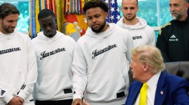President Donald Trump meets with members of the Juventus football club in the Oval Office of the White House in Washington. (AP Photo)