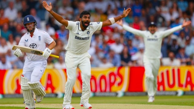 India's Jasprit Bumrah appeals unsuccessfully for the wicket of England's Ben Duckett, left, on day two of the first cricket test match between England and India at Headingley in Leeds. (AP Photo)