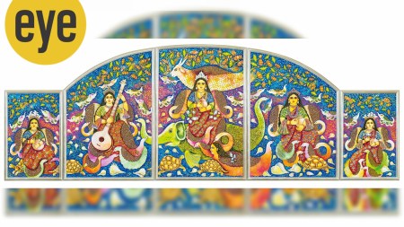 Jayasri Burman’s five canvases from the 2021 Bahrothi series, Ganga