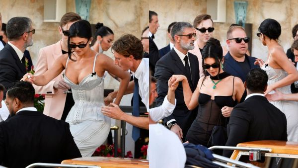 Kylie Jenner leaves a hotel ahead of the anticipated wedding celebrations of Jeff Bezos and Lauren Sanchez, in Venice, Italy, Friday, June 27, 2025. (AP Photo/Luigi Costantini)