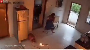 A woman is seen first, attempting her best to stop the leak (Image source: @Satyamraj_in./X)