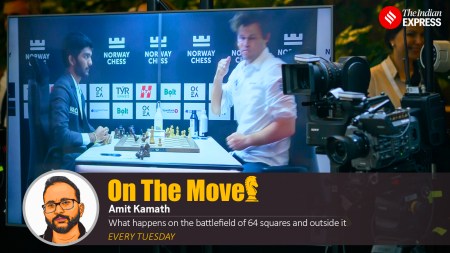 A TV replays Magnus Carlsen smashing his fist on the table after losing to world chess champion Gukesh at Norway Chess. (PHOTO: Norway Chess via Michal Walusza)