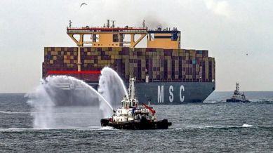 Water salute being given to MSC Irina, the world’s largest container vessel, upon its arrival at the Vizhinjam International Seaport Limited (VISL), in Thiruvananthapuram
