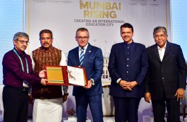 Union Education Minister Dharmendra Pradhan, Maharashtra Chief Minister Devendra Fadnavis and others during an event of the granting of LOls to foreign universities for setting up campuses in India. (PTI Photo)