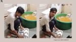 The boy is seen squatting in a cramped bathroom space, scrubbing utensils in viral video