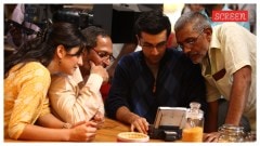 Katrina Kaif, Nana Patekar, Ranbir Kapoor, and Prakash Jha on the sets of Raajneeti.