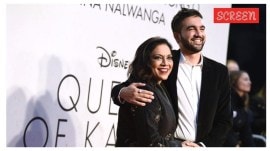 Mira Nair and son Zohran Mamdani at the premiere of her film Queen of Katwe.