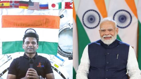 PM Narendra Modi interacted with Group Captain Shubhanshu Shukla, who is aboard the International Space Station on Saturday. Photo Via @PMOIndia