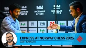 Arjun Erigaisi offers his resignation to world champion Gukesh at the Norway Chess tournament on Monday. (PHOTO: Michal Walusza via Norway Chess)