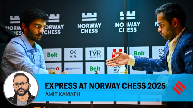 Arjun Erigaisi offers his resignation to world champion Gukesh at the Norway Chess tournament on Monday. (PHOTO: Michal Walusza via Norway Chess)