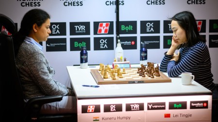 Koneru Humpy beat Lei Tingjie in fifth round of Norway Chess in Armageddon to become sole leader in women's section. (Michal Walusza/Norway Chess)