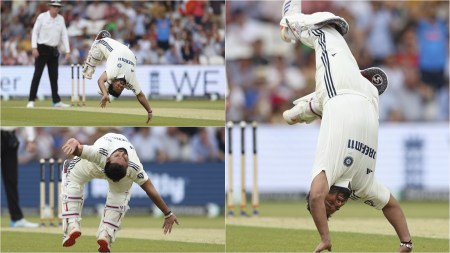 India's Rishabh Pant does a handspring to celebrate after scoring a century vs England.(AP)