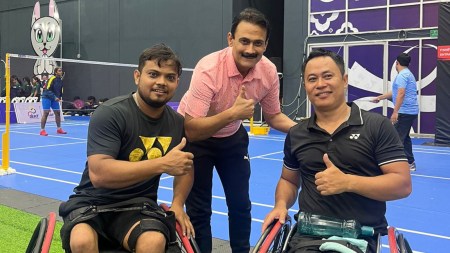 Coach Gaurav Khanna with Abu Hubaida (30) and Prem Ale (42). Credit: Special Arrangement