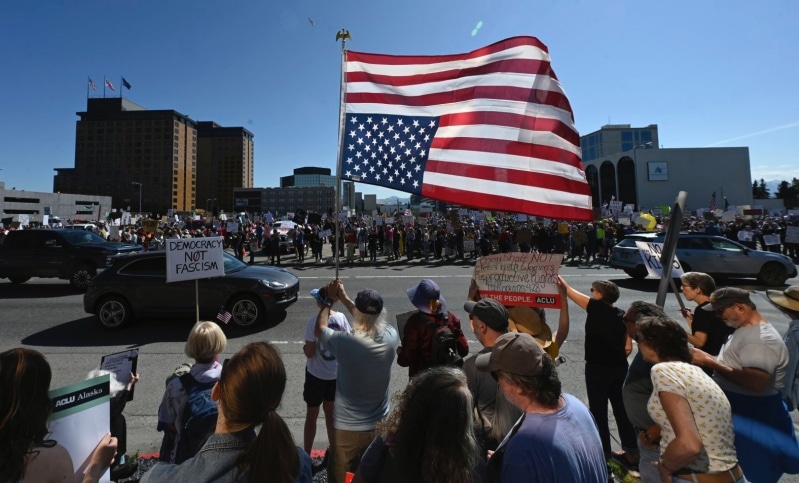 Protesters line the street in downtown Anchorage, Alaska 