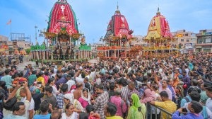 Scenes outside Gundicha Temple in Puri on Sunday morning where thousands of devotees have gathered for the Rath Yatra.