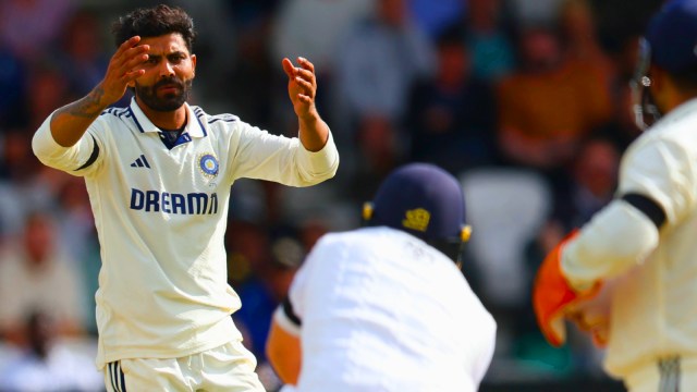 India's Ravindra Jadeja reacts after bowling a delivery to England's Joe Root on day five of the first cricket test match between England and India at Headingley in Leeds, England, Tuesday, June 24, 2025. (AP Photo)