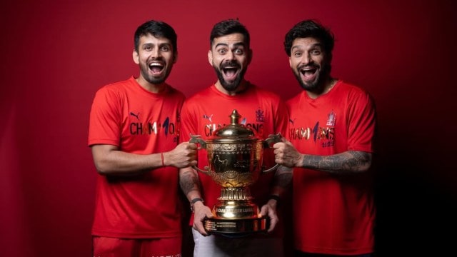 Royal Challengers Bengaluru's Jitesh Sharma, Virat Kohli and Rajat Patidar after winning IPL trophy. (Virat Kohli/Instagram)