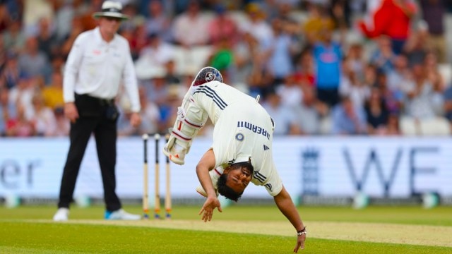 India’s Rishabh Pant does a cartwheel to celebrate after scoring a century on day two of the first cricket test match between England and India at Headingley in Leeds, England, Saturday, June 21, 2025, (AP Photo)