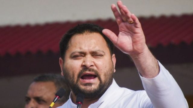 Former Bihar deputy chief minister Tejashwi Yadav addresses a public meeting during the ‘Bharat Jodo Nyay Yatra’, in Buxar district, Friday, Feb. 16, 2024. (PTI Photo)