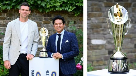 James Anderson and Sachin Tendulkar pose with the newly unveiled trophy – the Anderson-Tendulkar Trophy. (PHOTO: ECB via X)