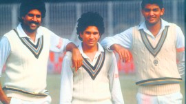 A young Sachin Tendulkar poses with Kapil Dev and Mohammad Azharuddin. (File photo from The Indian Express archive)