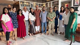 TMC leader Kunal Ghosh (fifth from right) and his party colleague and state minister Bratya Basu (behind him) with the cast and crew of "Karpoor (Camphor)".