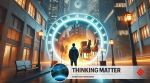 A stylised scene of a person standing at the threshold of a glowing, swirling time portal in the middle of a dark city alley. (AI-generated image by DALL-E)