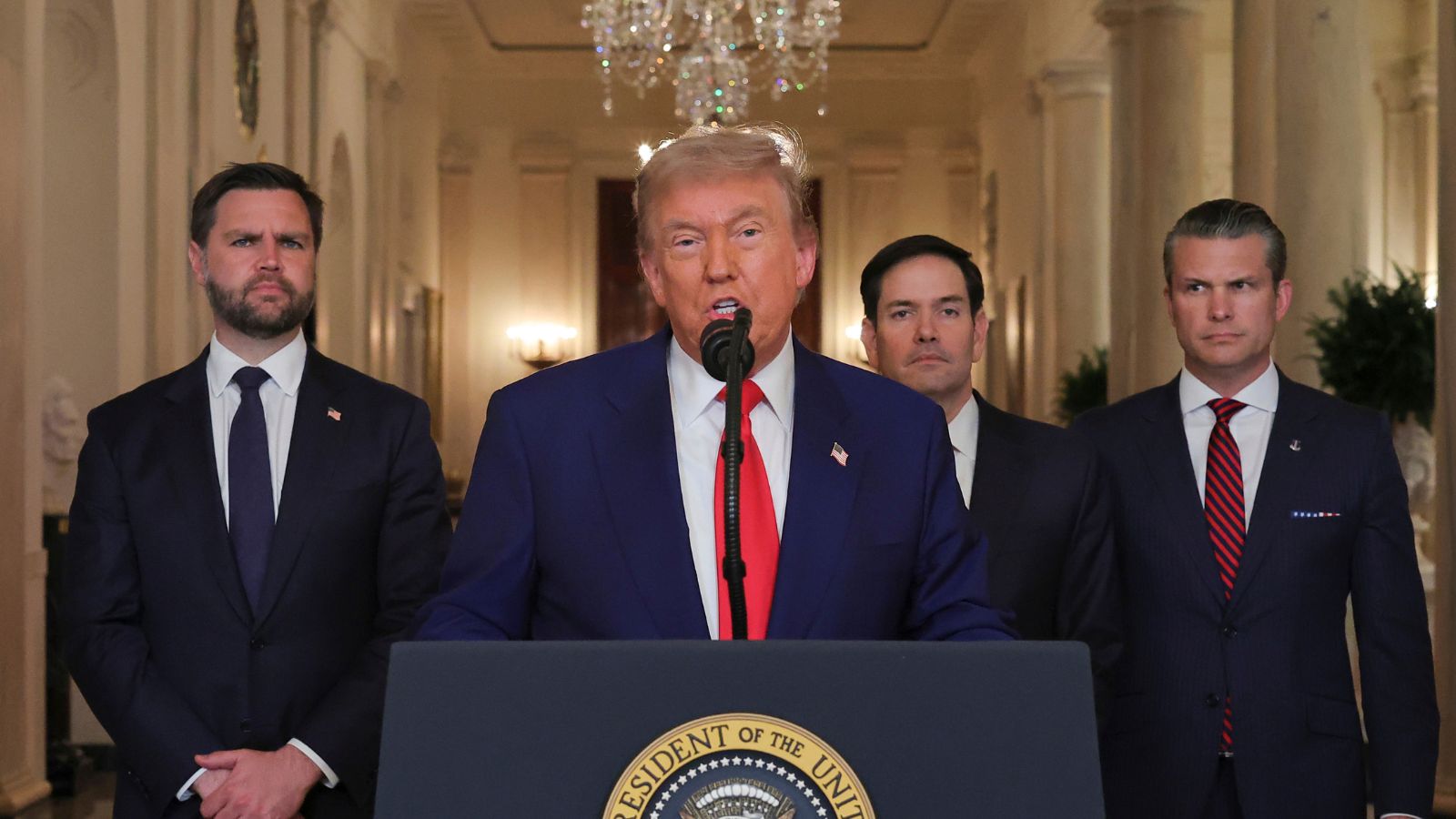 President Donald Trump speaks from the East Room of the White House in Washington, Saturday, June 21, 2025