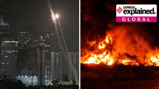Iran Israel conflict 2025: Israeli air defense system fires to intercept missiles over Tel Aviv, Israel (left) and flames rise from an oil storage facility in Tehran.