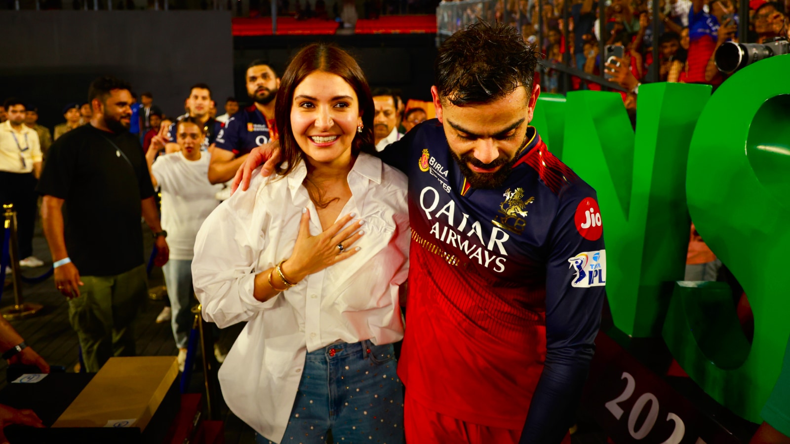 Virat Kohli of Royal Challengers Bengaluru celebrating RCB's win with wife Anushka Sharma at the Narendra Modi Stadium, Ahmedabad. (Sportzpics for IPL)