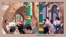 Two couples start fighting in Disneyland Shanghai, China. (Image source: @nypost)