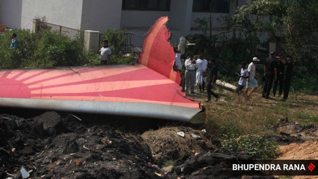 The wreckage of the Boeing 787 dreamliner. It plummeted to the ground outside the airport perimeter, in the Meghani Nagar neighbourhood, where heavy black smoke billowed from the wreckage. (Express Photo by Bhupendra Rana)