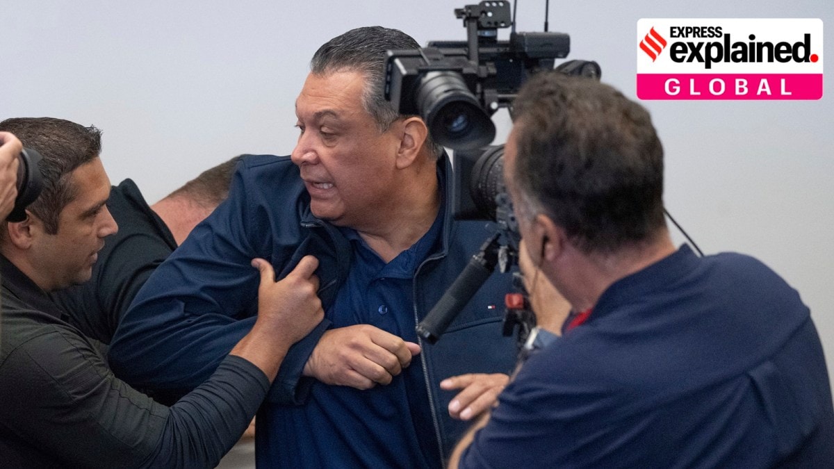 U.S. Sen. Alex Padilla, D-Calif., is pushed out of the room as Homeland Security Secretary Kristi Noem holds a news conference regarding the recent protests in Los Angeles, Thursday, June 12, 2025.